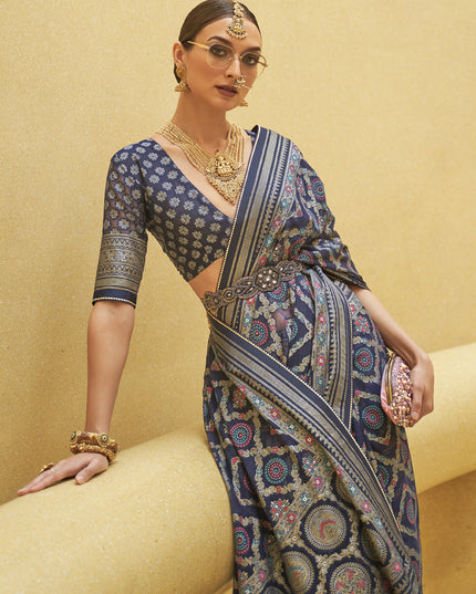 Midnight Blue Printed Organza Brasso Party Wear Saree