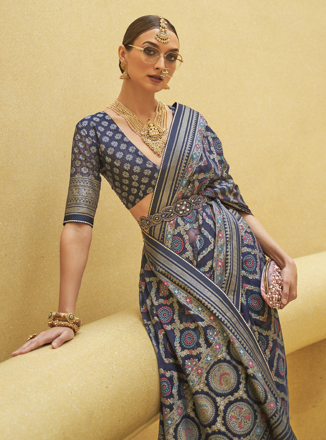Midnight Blue Printed Organza Brasso Party Wear Saree