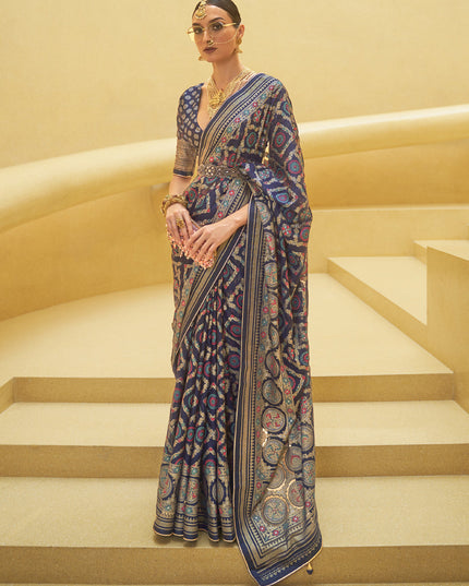 Midnight Blue Printed Organza Brasso Party Wear Saree