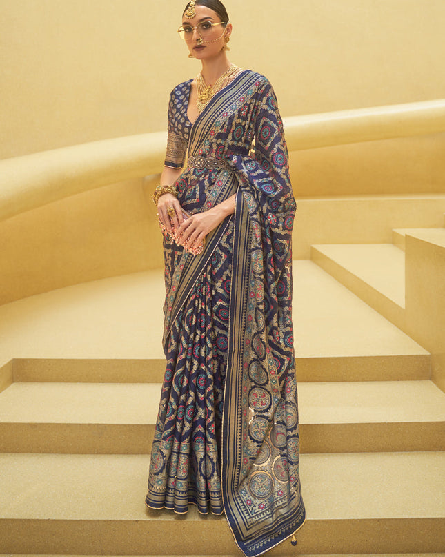 Midnight Blue Printed Organza Brasso Party Wear Saree