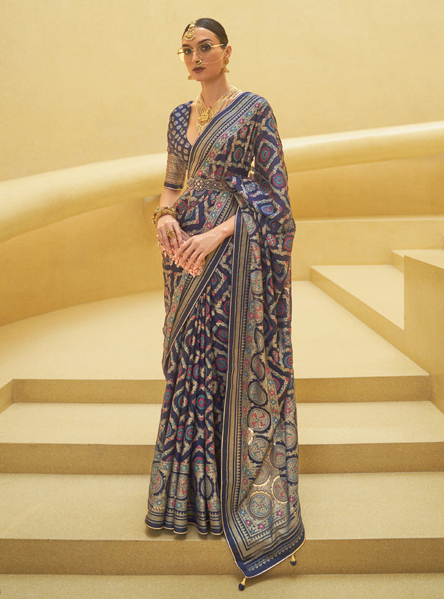 Midnight Blue Printed Organza Brasso Party Wear Saree