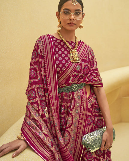 Magenta Printed Organza Brasso Party Wear Saree