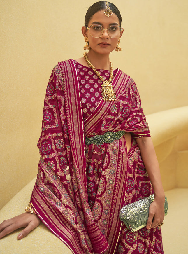 Magenta Printed Organza Brasso Party Wear Saree