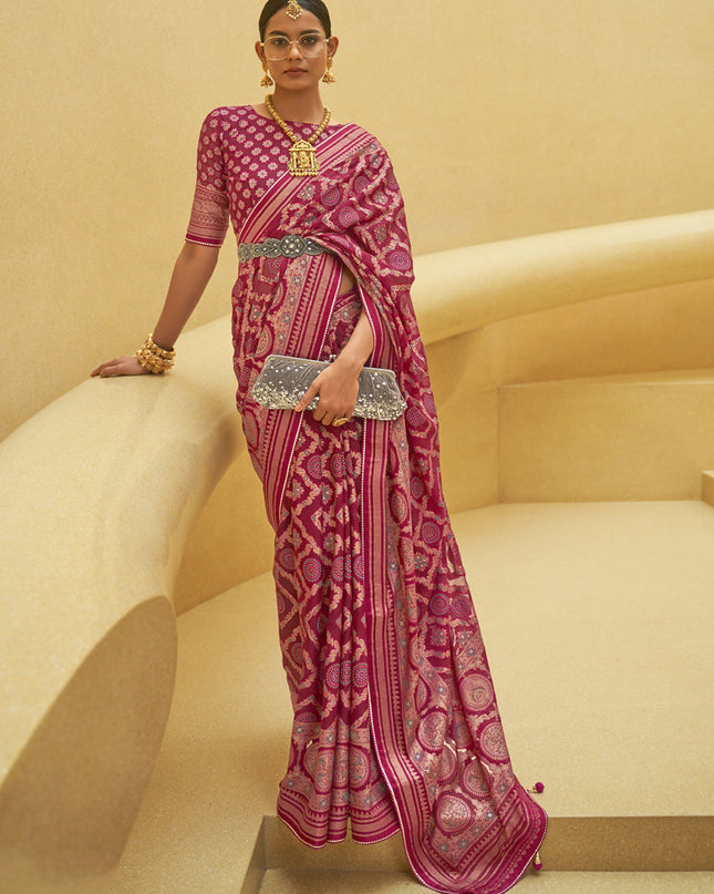 Magenta Printed Organza Brasso Party Wear Saree