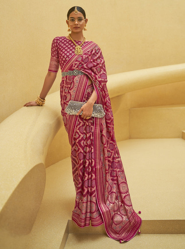 Magenta Printed Organza Brasso Party Wear Saree