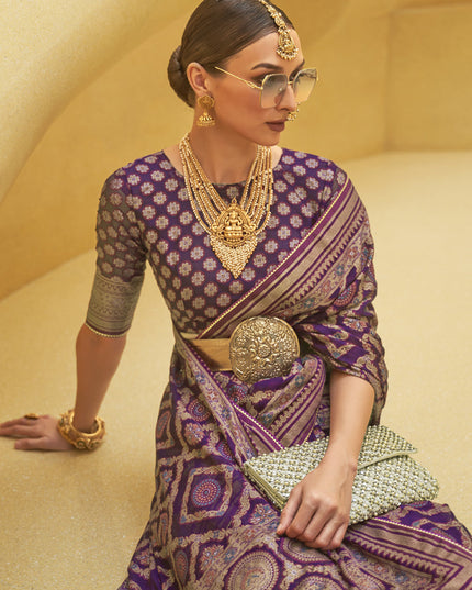 Eggplant Printed Organza Brasso Party Wear Saree