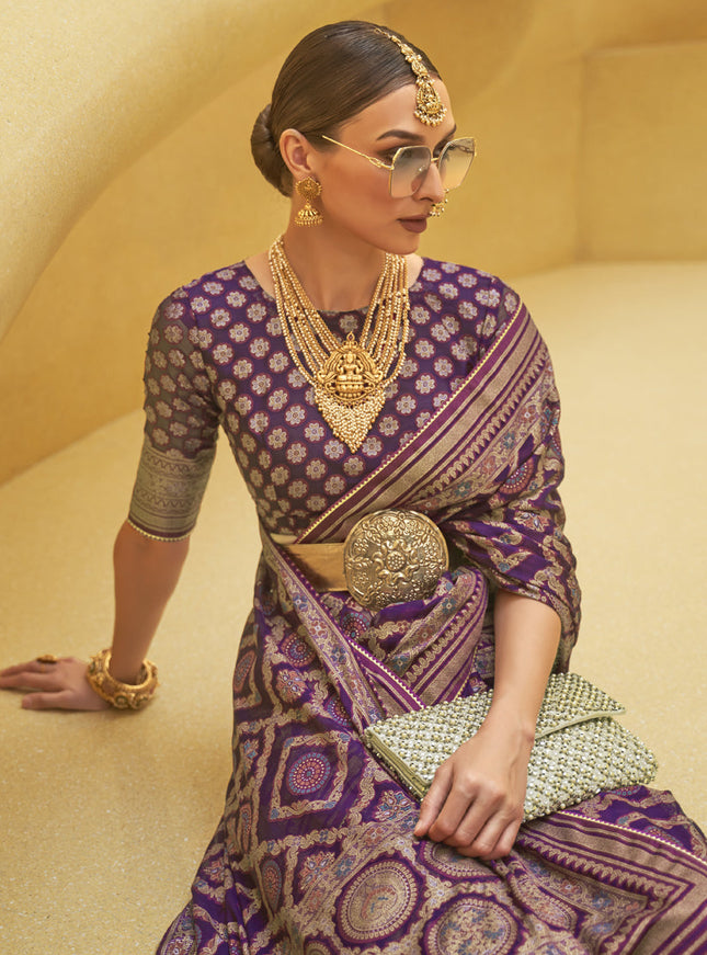 Eggplant Printed Organza Brasso Party Wear Saree