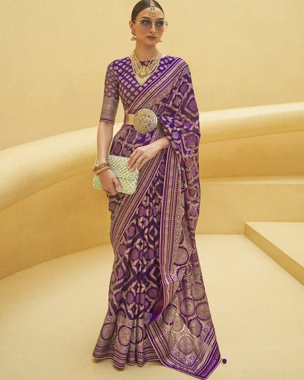 Eggplant Printed Organza Brasso Party Wear Saree