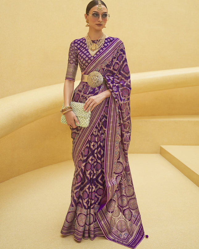 Eggplant Printed Organza Brasso Party Wear Saree