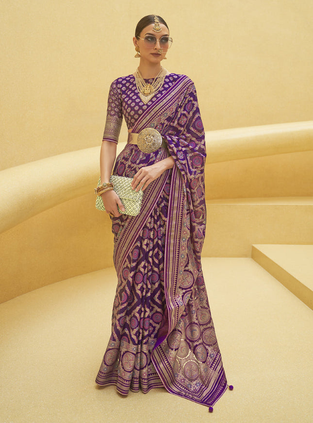 Eggplant Printed Organza Brasso Party Wear Saree