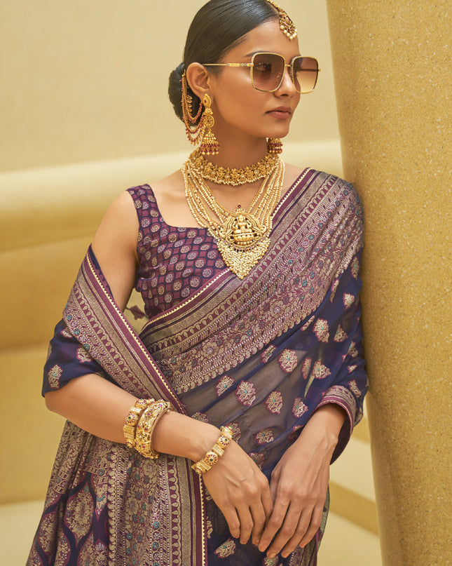 Navy Blue Printed Organza Brasso Party Wear Saree