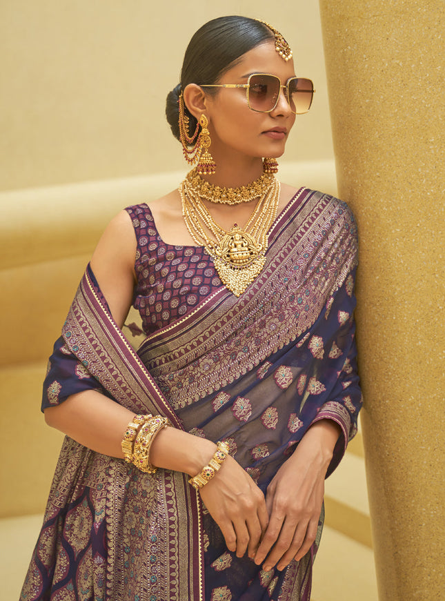 Navy Blue Printed Organza Brasso Party Wear Saree