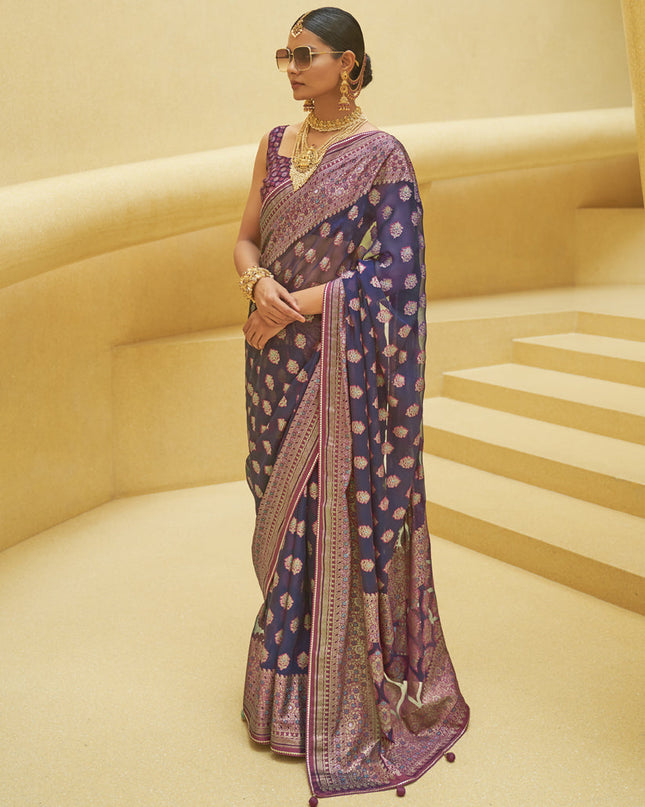 Navy Blue Printed Organza Brasso Party Wear Saree
