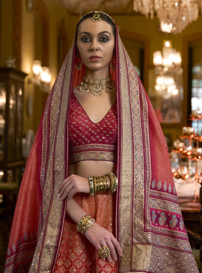 Rani Pink and Orange Rajwadi Silk Embellished Designer Lehenga Choli