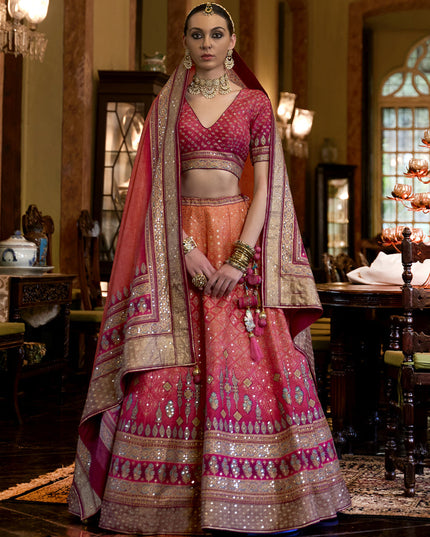 Rani Pink and Orange Rajwadi Silk Embellished Designer Lehenga Choli