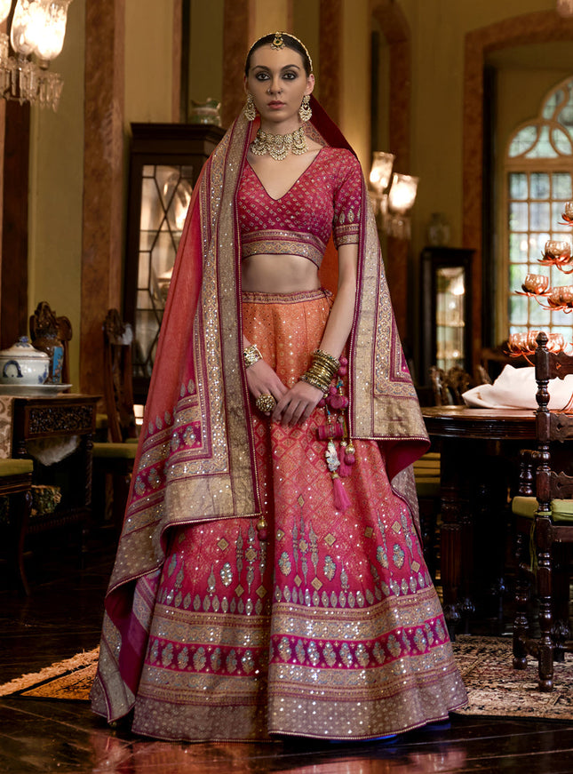 Rani Pink and Orange Rajwadi Silk Embellished Designer Lehenga Choli