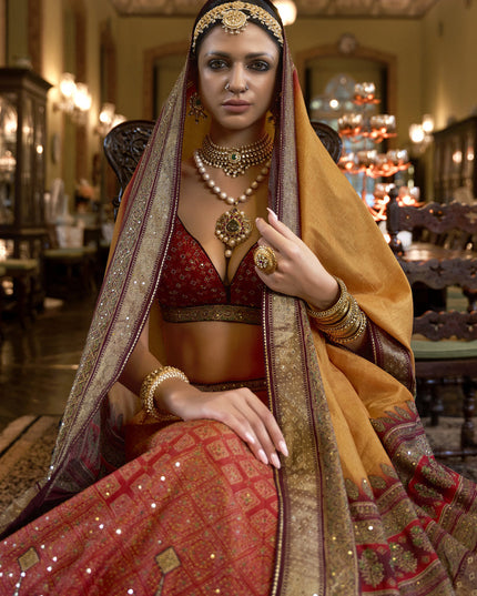 Hot Red and Mustard Rajwadi Silk Embellished Designer Lehenga Choli