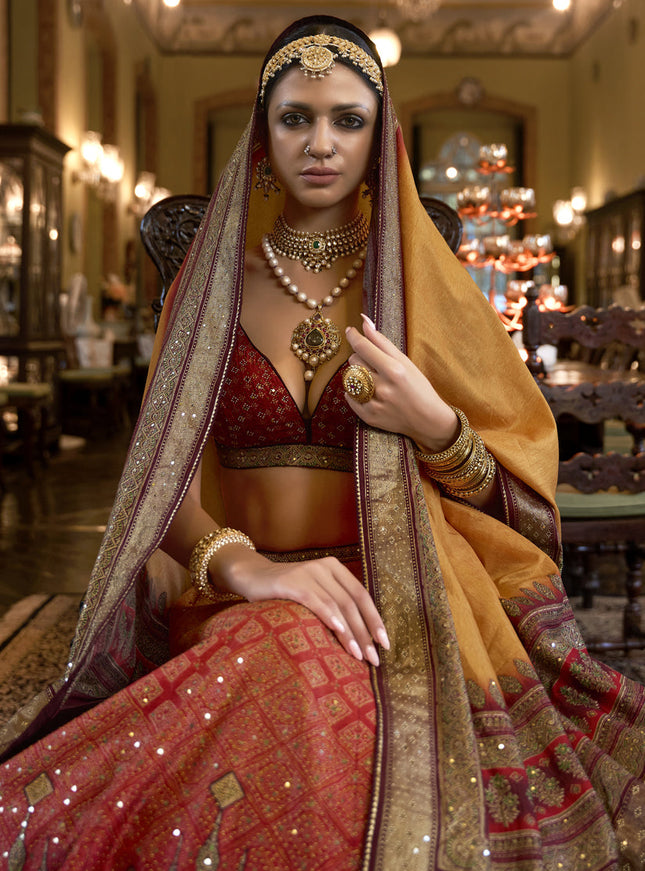 Hot Red and Mustard Rajwadi Silk Embellished Designer Lehenga Choli