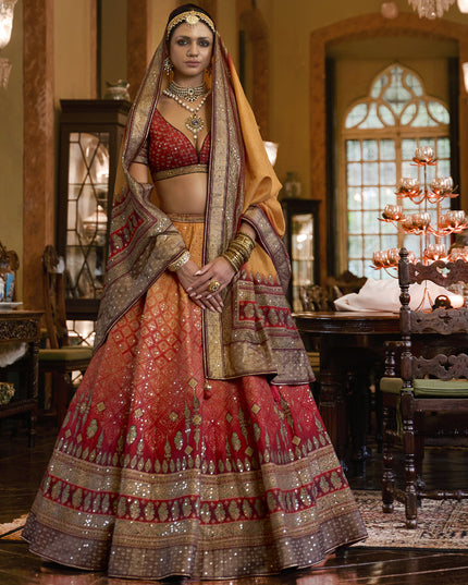 Hot Red and Mustard Rajwadi Silk Embellished Designer Lehenga Choli