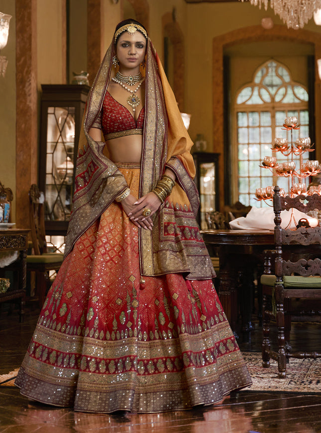 Hot Red and Mustard Rajwadi Silk Embellished Designer Lehenga Choli