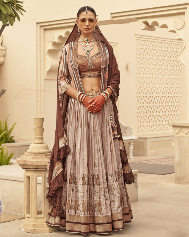 Beige Viscose Silk Designer Lehenga Choli with Jacket