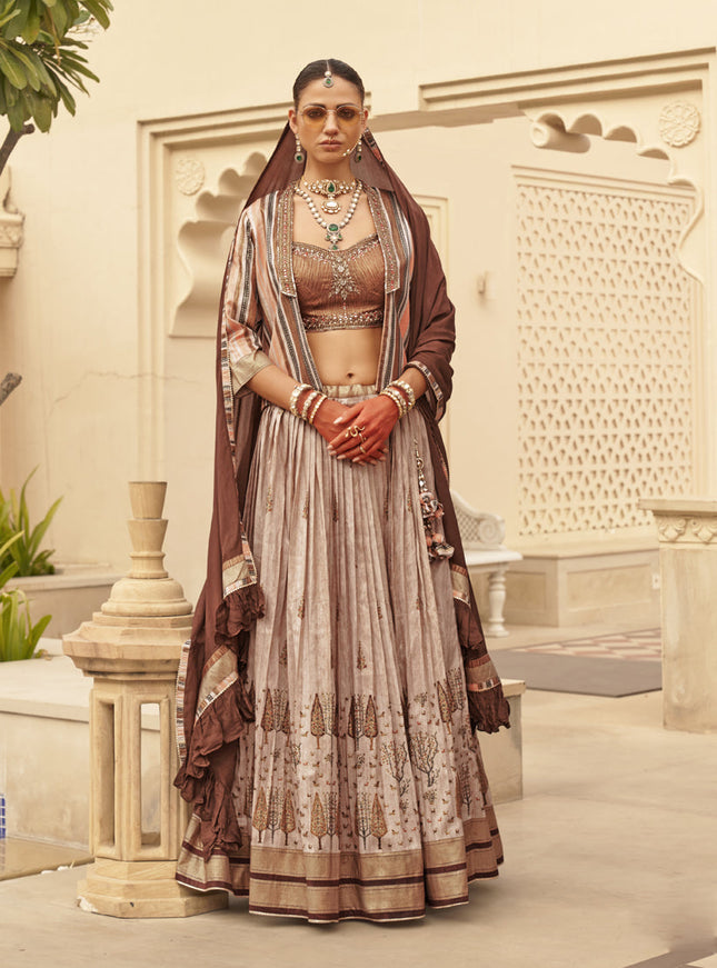 Beige Viscose Silk Designer Lehenga Choli with Jacket