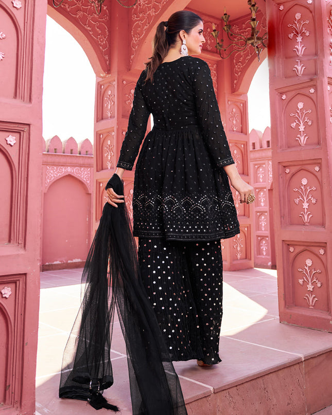 Black Georgette Embroidered Sharara Kameez