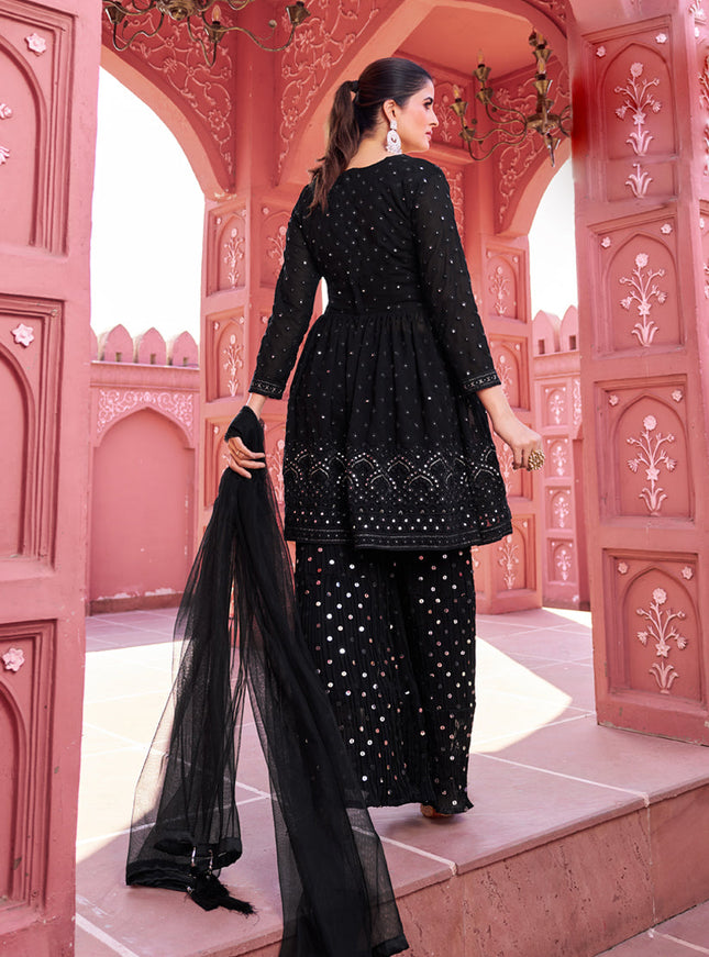 Black Georgette Embroidered Sharara Kameez