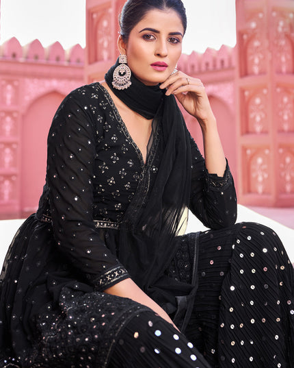 Black Georgette Embroidered Sharara Kameez