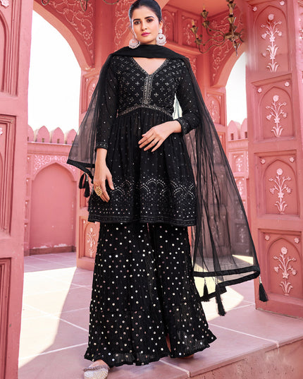 Black Georgette Embroidered Sharara Kameez