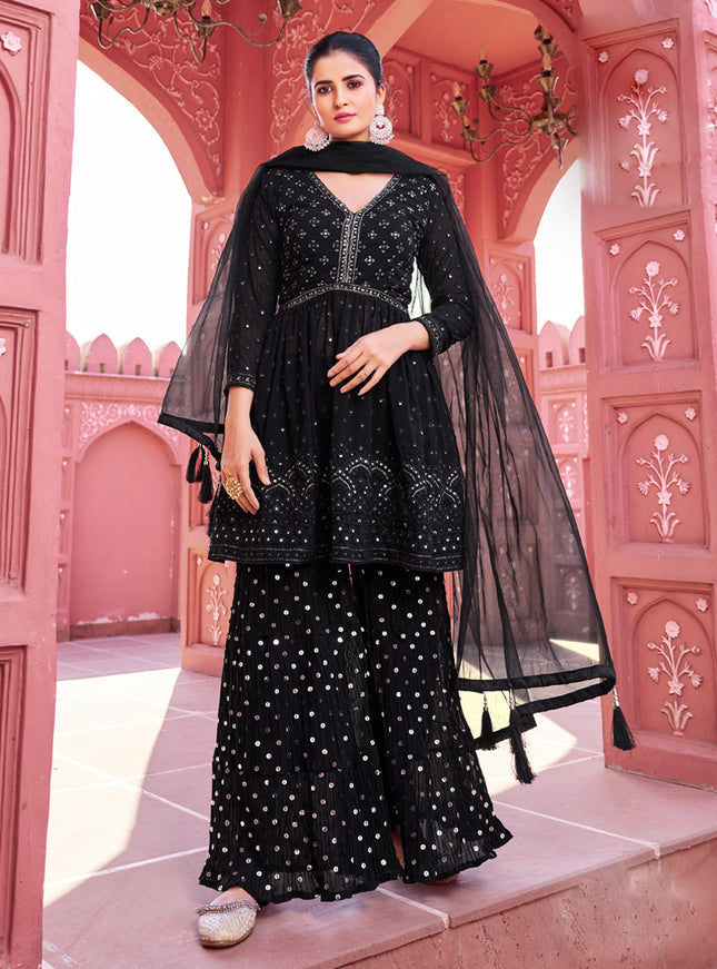Black Georgette Embroidered Sharara Kameez