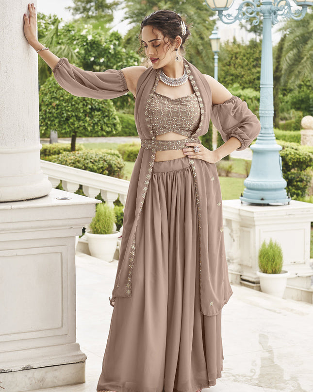 Beige Faux Georgette Designer Lehenga Choli Set