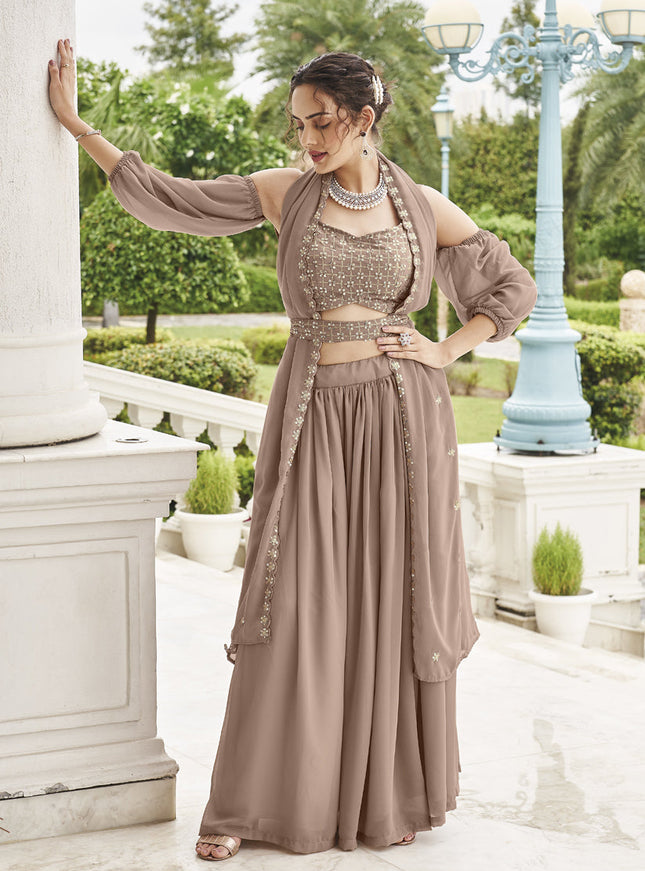 Beige Faux Georgette Designer Lehenga Choli Set