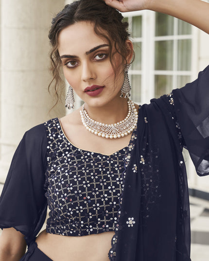 Navy Blue Faux Georgette Designer Lehenga Choli Set