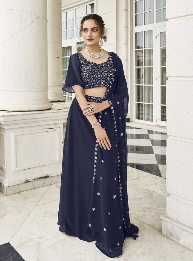 Navy Blue Faux Georgette Designer Lehenga Choli Set