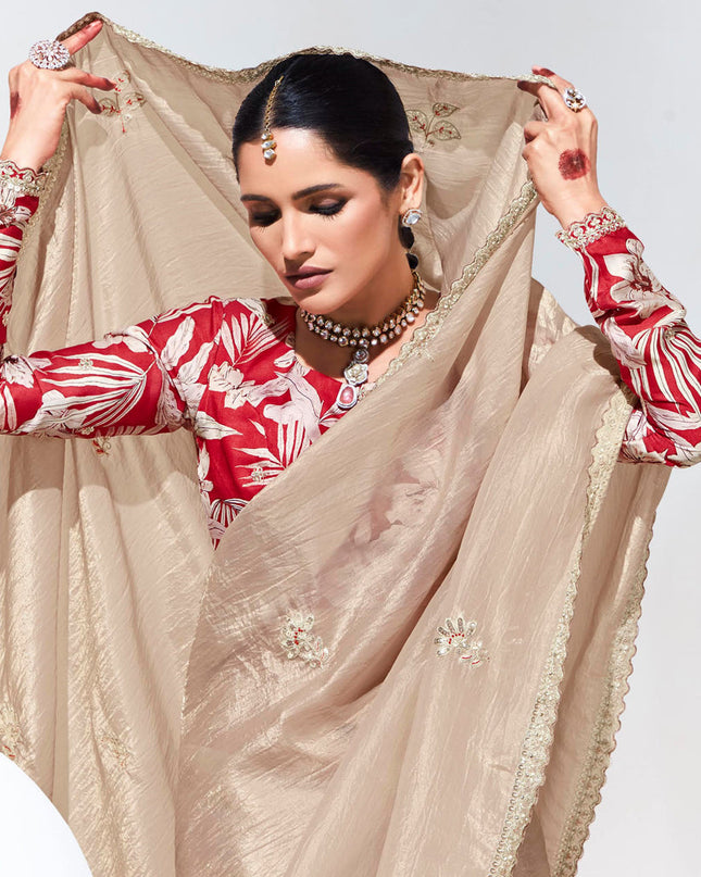 Beige Organza Embellished Designer Saree