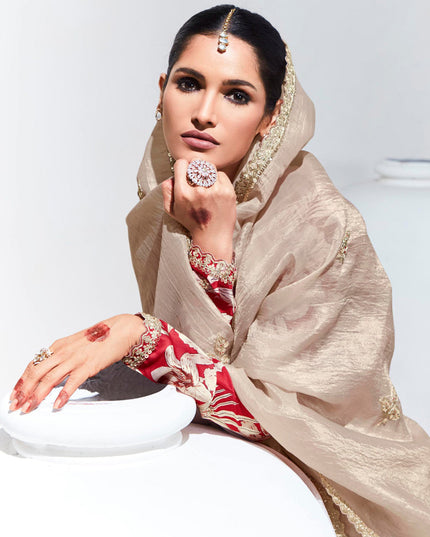 Beige Organza Embellished Designer Saree