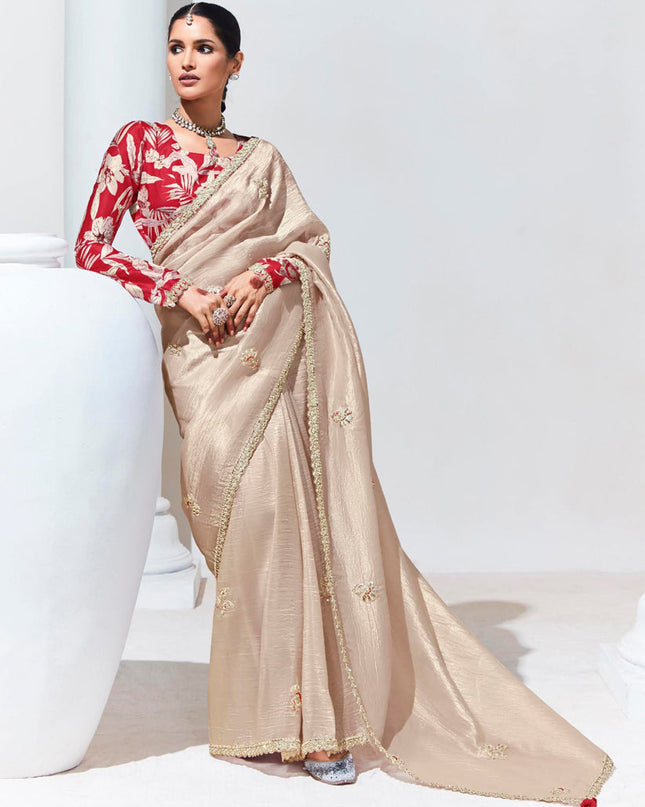 Beige Organza Embellished Designer Saree