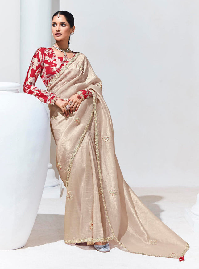 Beige Organza Embellished Designer Saree