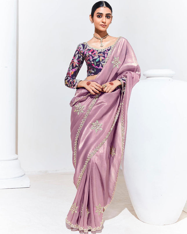 Puce Pink Organza Embellished Designer Saree