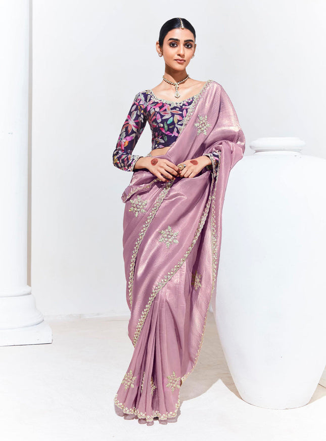 Puce Pink Organza Embellished Designer Saree