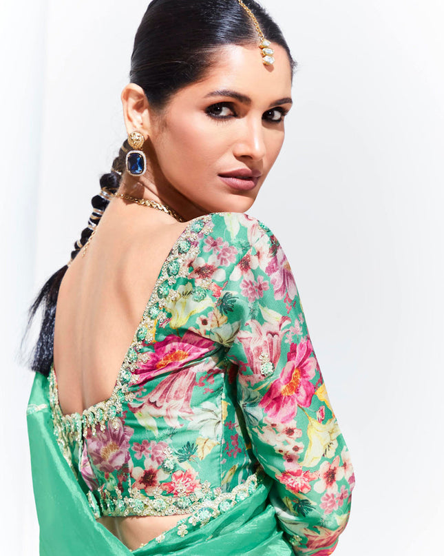 Sea Green Organza Embellished Designer Saree