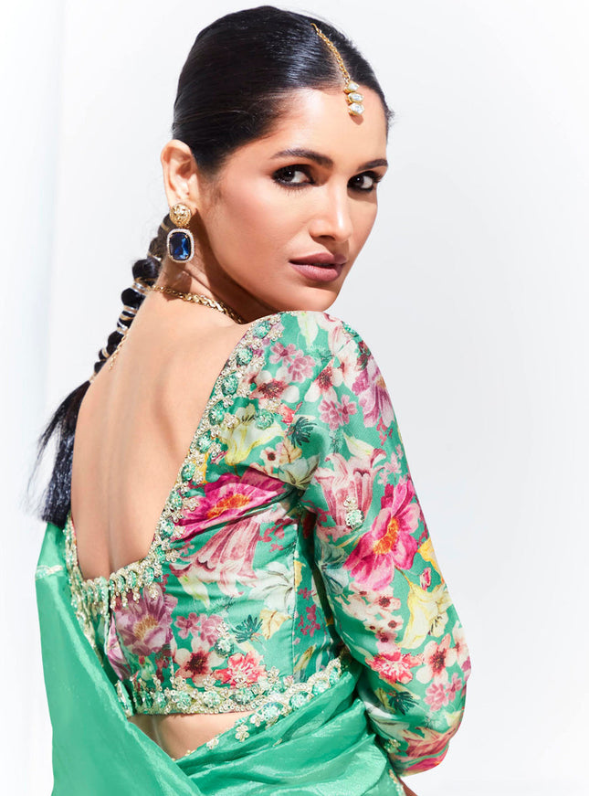 Sea Green Organza Embellished Designer Saree
