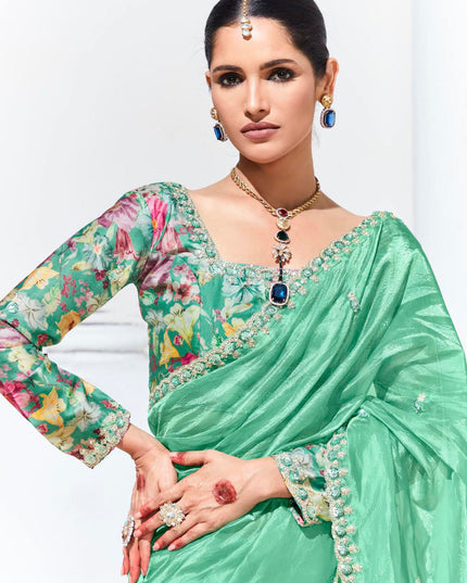 Sea Green Organza Embellished Designer Saree