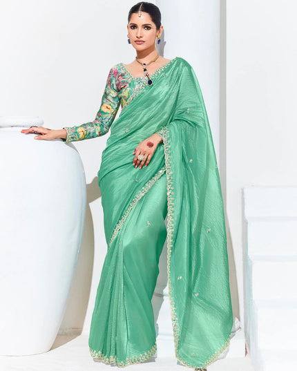 Sea Green Organza Embellished Designer Saree
