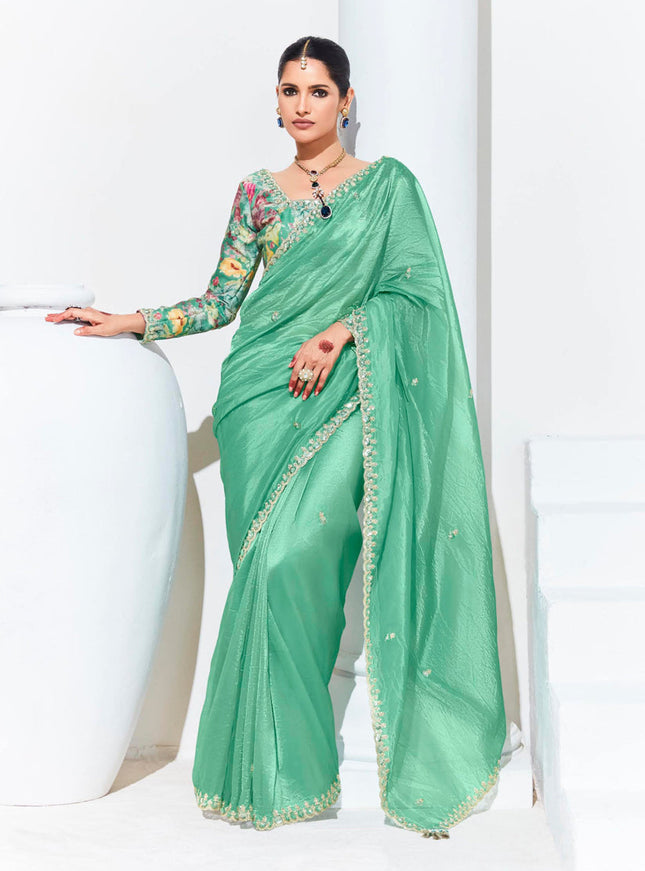 Sea Green Organza Embellished Designer Saree