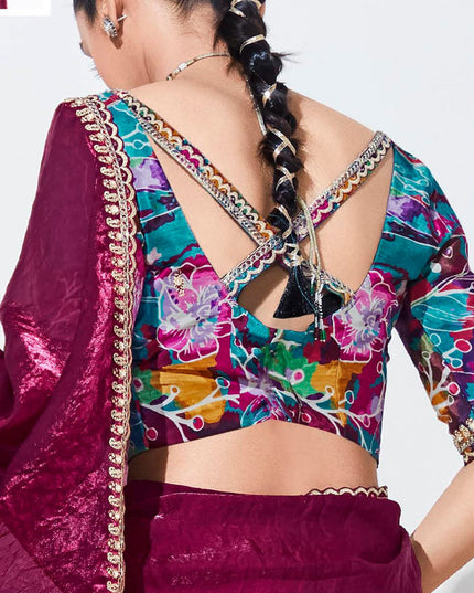 Wine Organza Embellished Designer Saree