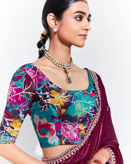 Wine Organza Embellished Designer Saree