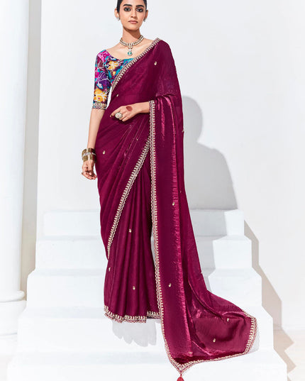 Wine Organza Embellished Designer Saree