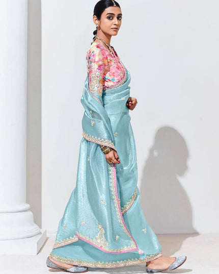 Ice Blue Organza Embellished Designer Saree